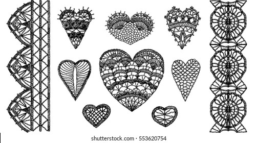 Crochet hearts, crafts embroidery, knitting elements with an ethnic pattern, a set of lace hearts for Valentine, made with love