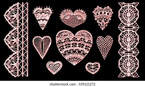 Crochet hearts, crafts embroidery, knitting elements with an ethnic pattern, a set of lace hearts for Valentine, made with love