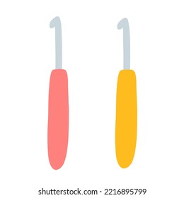 Crochet Hook In Cartoon Style. Hand Drawn Vector Illustration Of Knitting Supplies, Hobby Items, Leisure Time