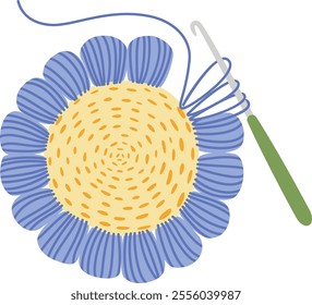 Crochet hook featuring a vibrant green handle skillfully crafting a beautiful blue and yellow flower with soft blue yarn, ideal for various hobby and craft projects