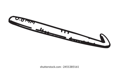 Crochet hook sketch. Tools for knitwork, handicraft. Hobby, leisure activity doodle. Outline vector illustration.