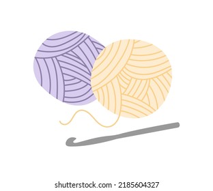 Crochet hook and two balls of yarn. Craft tools in flat style.
