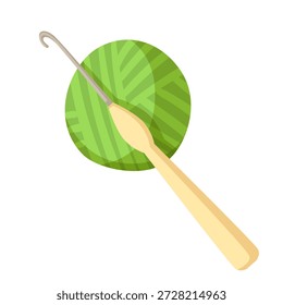 Crochet hook with yellow handle resting on a green yarn ball, flat cartoon style on white background. Concept of knitting and crafts. Vector illustration