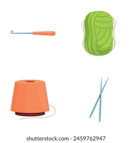 Crochet icons set cartoon vector. Knitting tool and colorful yarn. Handicraft accessory, hobby