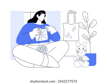 Ilustrações isoladas do vetor do desenho animado do crochê. A mulher segura o fio, aprender a fazer bordados em crochê, hobby criativo, atividade de mãos-na, acessórios feitos à mão, crochê em casa vetor desenhos animados.