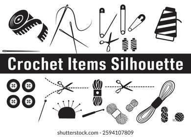 Crochet items silhouette, Knitting, sewing and needlework line icons, knitting items, sewing equipment