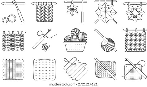 Crochet and Knitting Craft Elements Including Yarn Balls and Stitch Patterns hobby