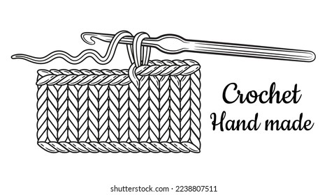 Crochet knitting, crocheting hook with cotton or wool yarn thread, hand knit pattern line icon. Needlework accessory. Knitted knitwear clothes, handmade textile. Creative craft hobby, workshop. Vector svg