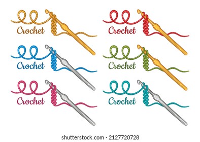 Crochet knitting handmade, crocheting hook with cotton thread icon set. Hand knit instrument, needlework pattern for make textile knitwear. Creative workshop, craft hobby. Wool yarn skein sign. Vector svg