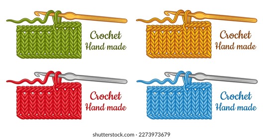 Crochet knitting handmade pattern, crocheting hook tool with cotton, wool yarn thread, knitted knitwear color icon set. Hand made needlework, woolen textile clothes. Creative handicraft hobby. Vector svg