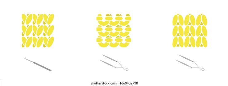 Crochet and knitting patterns for yarn. Set of vector logos design for shop yarn, knitting, textile.