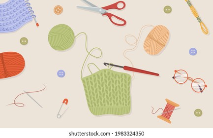 Crochet knitting process. Balls of yarn. Top view of the workplace. Tailor shop elements. Hand drawn vector illustration in flat cartoon style.