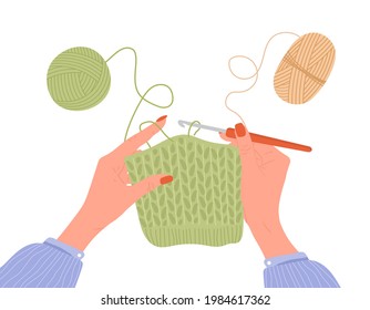 Crochet knitting process. Female hands with hook and thread. Balls of yarn. Top view of the workplace. Tailor shop elements. Hand drawn vector illustration in flat cartoon style. svg