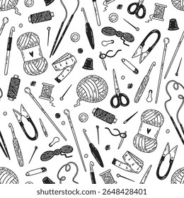 Crochet and knitting tools and materials. Needles, hooks, yarn, scissors doodles. Hand-drawn texture with tools for handmade craft. Vector seamless pattern.