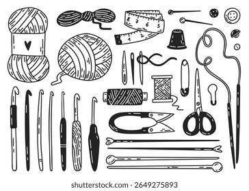 Crochet and knitting tools and materials. Needles, hooks, yarn, scissors doodles. Hand-drawn illustration of tools for handmade craft. Vector line design elements.