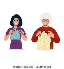crochê tricô vetor hobby mulher. padrões lã, costura artesanato, suéter xale crochê tricô mulher hobby personagem. pessoas desenho animado plano ilustração