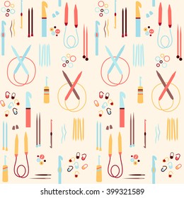 Crochet knittings elements seamless pattern. Crochet hooks, needles, markers, and elements of handycraft.