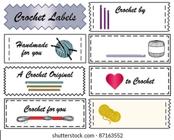 Crochet Labels. Tags with copy space to customize for do it yourself crochet, tatting, making lace. Yarn, floss, crochet hooks. EPS8 compatible.