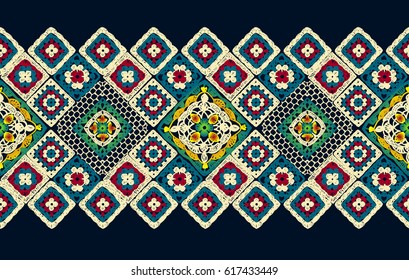 Crochet, lace. A carpet of squares. Granny square. Decor for clothes. Trendy pattern. Knitted wear. Folk art motif with flowers. Vector illustration