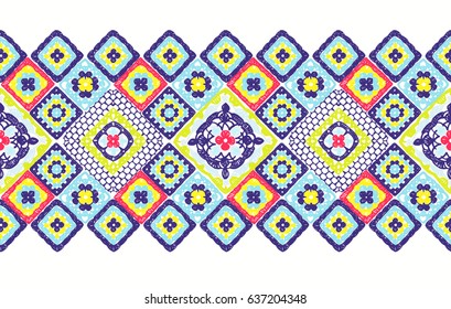 Crochet, lace. A carpet of squares. Granny square. Decor for clothes. Trendy pattern. Knitted wear. Folk art motif with flowers. Vector illustration