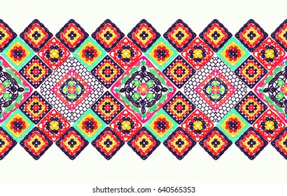 Crochet, lace. A carpet of squares. Granny square. Decor for clothes. Trendy pattern. Knitted wear. Folk art motif with flowers. Vector illustration