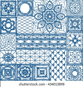 Crochet lace elements of the square. Isolated crocheted lace border with an openwork pattern. Vector illustration. Glamour, modern, fashionable pattern.