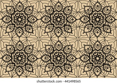 Crochet lace of square elements with blue snowflakes and flowers, lace vector background.