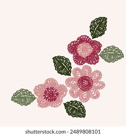 crochet outline vector illustration of bouquet of embroidered flowers and leaves in red, salmon and green colors