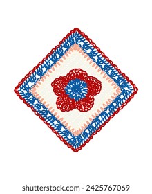 crochet outline vector illustration square embroidered flower red blue white background