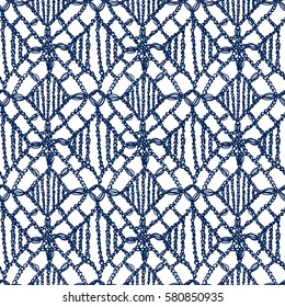 Crochet pattern. Knitting texture. Granny handmade lace. Macrame. Boho style seamless background. Vector illustration for fashion or interior fabric design.