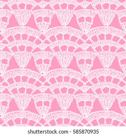 Crochet pattern. Knitting texture. Granny handmade lace. Macrame. Hygge lifestyle. Crochet textile pattern. Boho style seamless background. Vector illustration for fashion or interior fabric design.