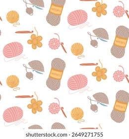 Crochet pattern. Napkin, flower, hat with threads. Small hat, ball of yarn. Cozy handmade atmosphere. Seamless flat color texture. Packaging, social media posts, themes of care and coziness