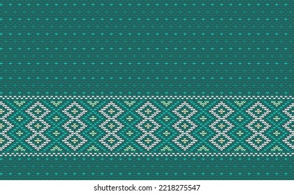 Crochet pattern, Vector cross stitch knitting background, Knitted ethnic decorative ikat style, Green pattern triangle traditional, Design for textile, fabric, curtain, print, tapestries