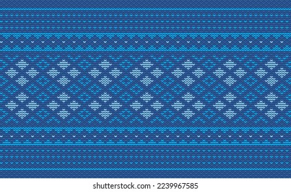 Crochet pattern, Vector cross stitch knitting background, Knitted ethnic decorative square style, Blue pattern oriental thread, Design for textile, fabric, carpet, print, tapestries