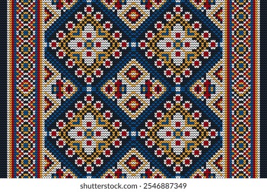 Crochet pattern,crochet floral pattern on navy blue background,geometric pattern,vector illustration,floral cross stitch,Aztec style,abstract background.design for texture,fabric,clothing,decoration.