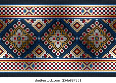 Crochet pattern,crochet floral pattern on navy blue background,geometric pattern,vector illustration,floral cross stitch,Aztec style,abstract background.design for texture,fabric,clothing,decoration.