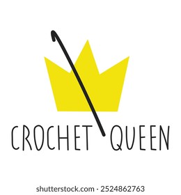 Crochet Queen Sticker with Crown and Text. Needlecraft badge with handwritten inspirational phrase. Handmade and craft symbol badge pin. Vector illustration