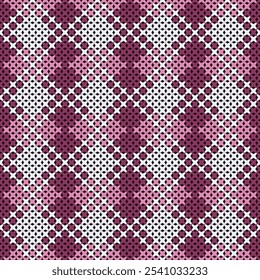 Crochet repeating pattern with a purple and white color scheme. The pattern consists of small dots arranged in a grid-like formation, creating a textured and geometric effect.