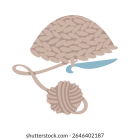 Crochet of a rounded object. small hat, ball of yarn. cozy atmosphere. Handmade for others. flat colored isolated illustration. For postcards, packaging, social media posts, theme of care and coziness