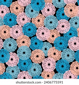Crochet rounds of pink, peach, blue, and teal scattered on a black background creating a vector repeat seamless pattern design.