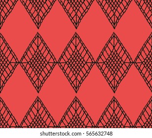 Crochet seamless pattern. Knitted or woven macrame in the bohemian style. Oriental motifs. Knitting mesh