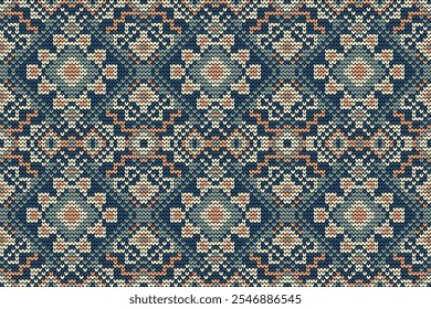 Crochê padrão sem emenda, padrão sem emenda floral de crochê no fundo azul, padrão geométrico, ilustração vetorial, estilo asteca, background.design abstrato para textura, tecido, roupas, decoração, impressão 