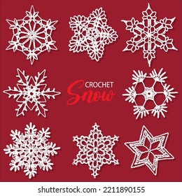 Crochet Snow Stars. Decorative Pattern for The Christmas and the New Year publications. Hand drawn isolated vector illustration.