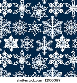 Crochet snowflakes seamless pattern on dark blue, vector