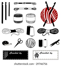 Crochet, Tatting, Lace making Icons: hooks, embroidery floss, threads,  yarn, tape measure, scissors, thread clips, bobbins, fashion sewing label with copy space for do it yourself crafts. EPS8.
 svg