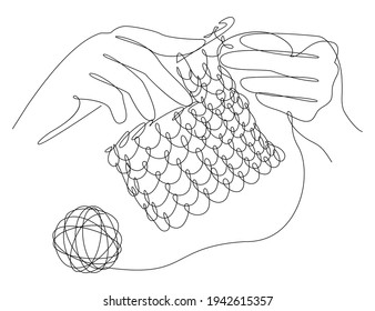 Crochet with threads. Hands of man, woman in modern trendy style with one line. Solid line, outline for decor, posters, stickers, logo. Vector illustration.