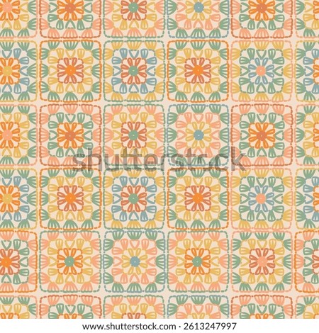 Crochet vector background. Multicolored abstract seamless pattern. Lace texture. knitted by hand or machine. Granny and cottage core allover print for fabric, wrapping paper, textile, ads