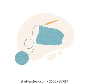 Crochet wool ball and needle logo, cartoon knitting craft decoration element, vector fashion accessories object, doodle dressmaking supplies design, hand drawn tailor tool illustration,