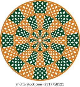 Crocheted round rug in yellow and green.