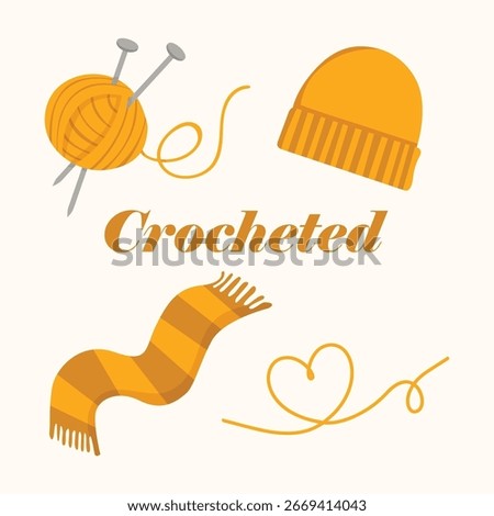 Crocheted thread with knitting needles, hat, and scarf illustration, symbolizing grandmother pastime or kids afterschool hobby activity
